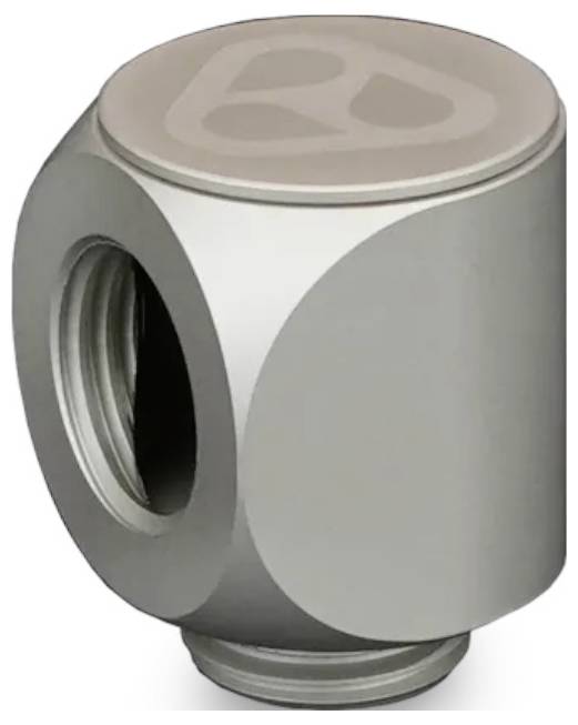Metalen kubusvormige mechanische klep of connector met een schroefdraad zijopening en onderpoort op een witte achtergrond.