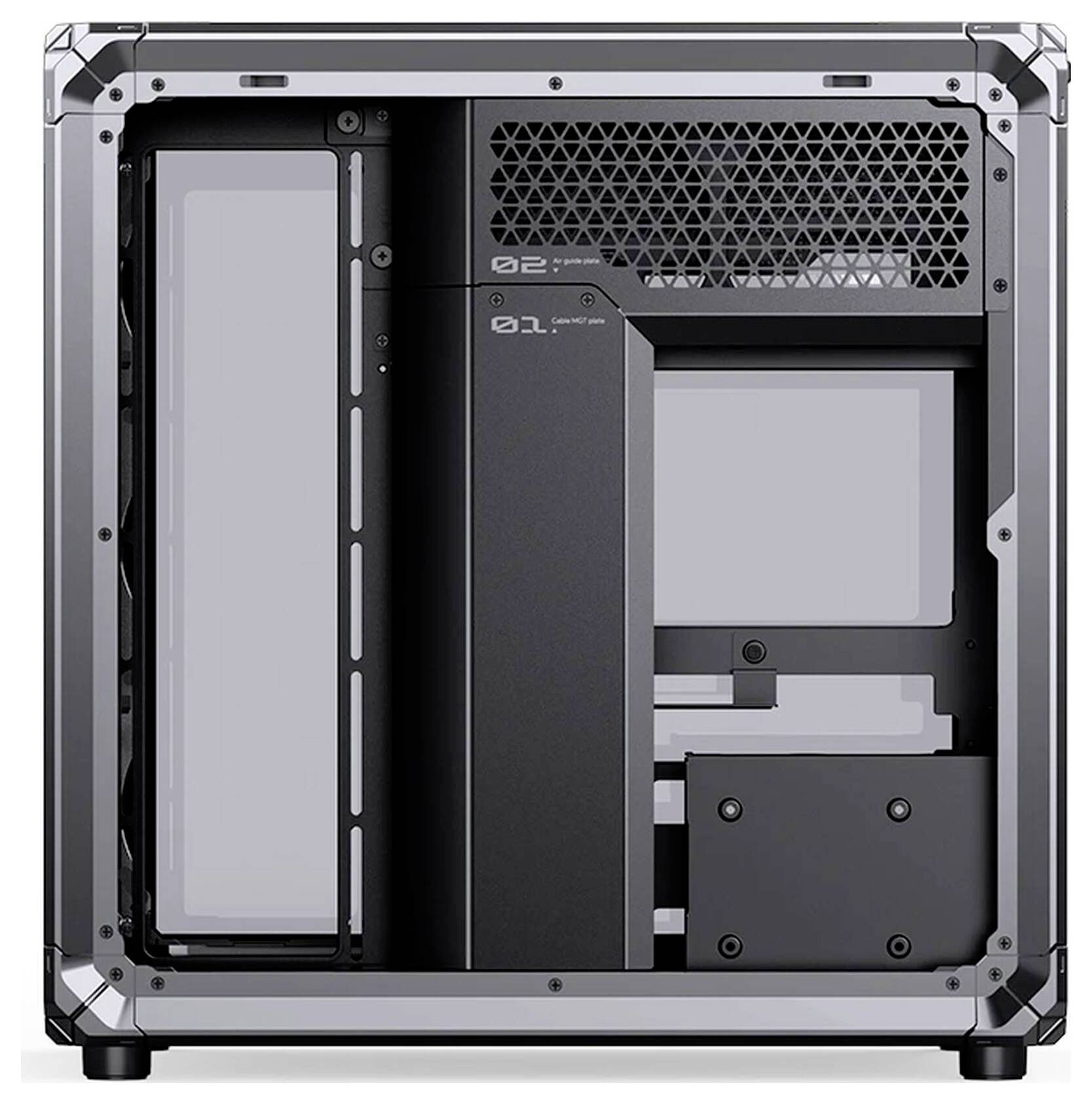 Vooraanzicht van een zwart pc-kast interieur met open panelen, met zichtbare schijfsleuven, ventilatierooster en montagecompartimenten.