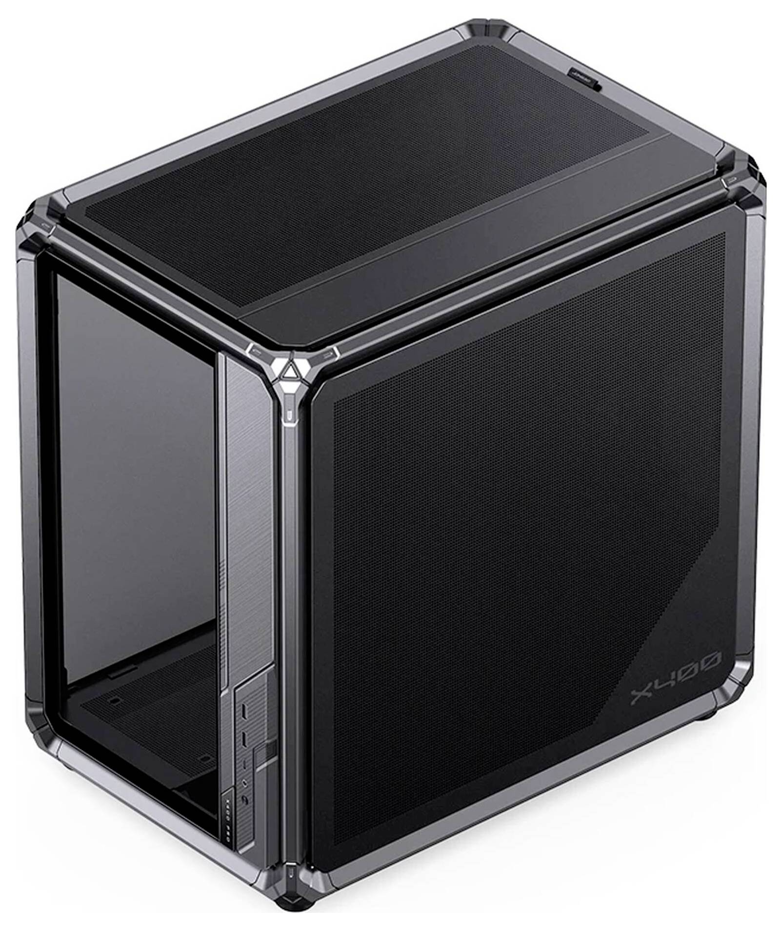 Black Corsair X400 PC-behuizing met hardglas zijpaneel en mesh voorkant, weergegeven in een studio productfoto.
