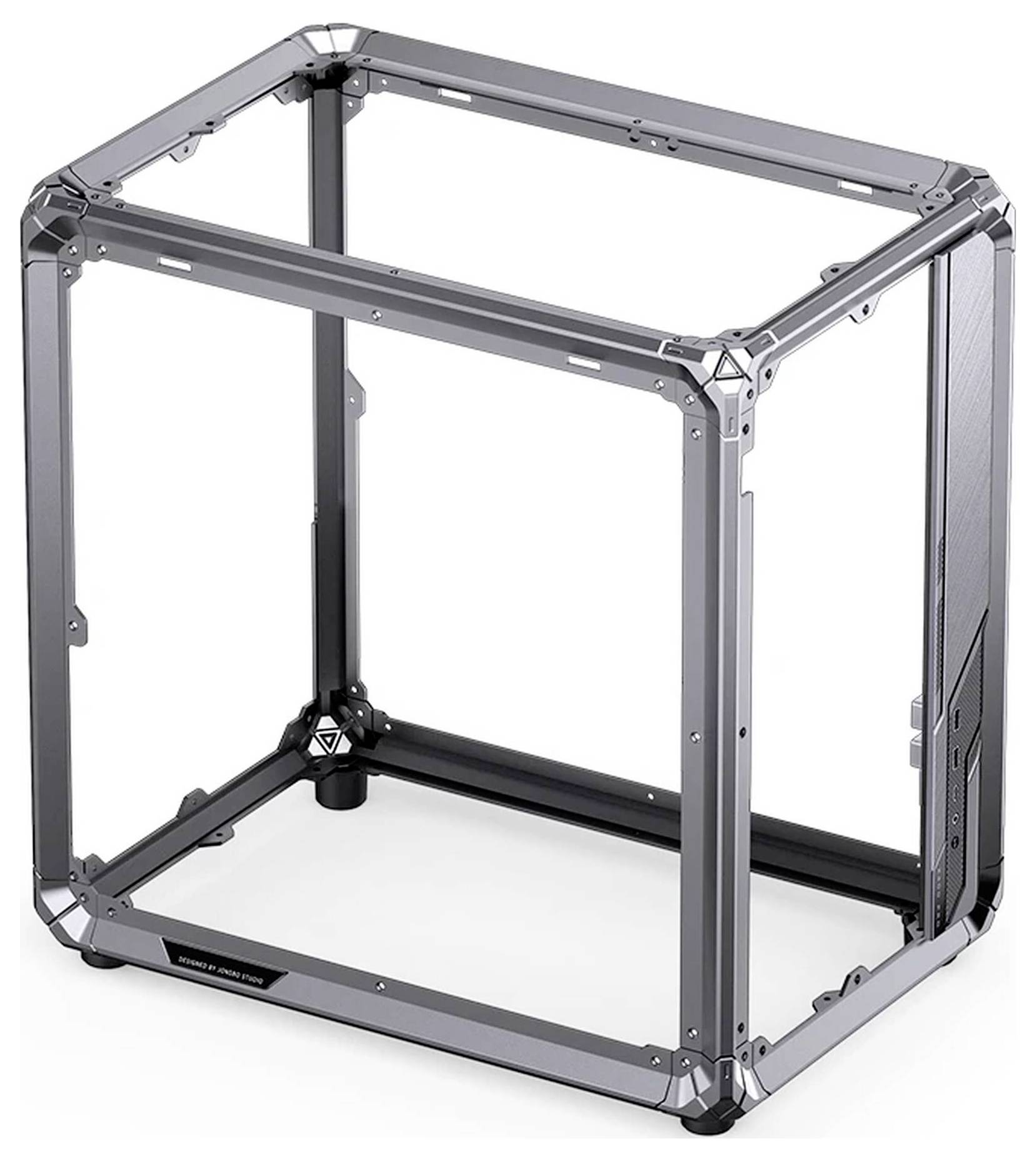Open-frame 3D-printer met een kubisch metalen chassis en doorzichtige zijpanelen op een witte achtergrond.