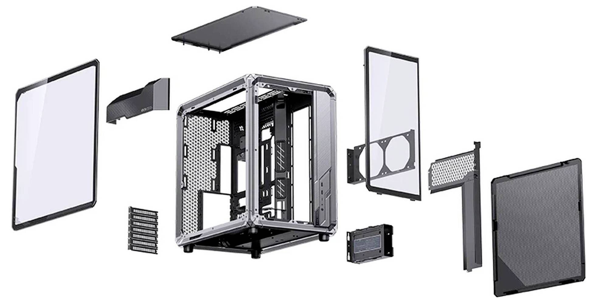 Geëxplodeerde weergave van een computerbehuizing, met het hoofdchassis en verwijderbare panelen, beugels en schijfbevestigingen eromheen gescheiden