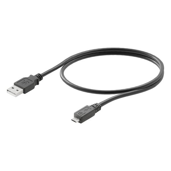 Zwarte USB-kabel met een standaard USB-A-stekker aan het ene uiteinde en een micro-USB-connector aan het andere uiteinde, weergegeven op een witte achtergrond.