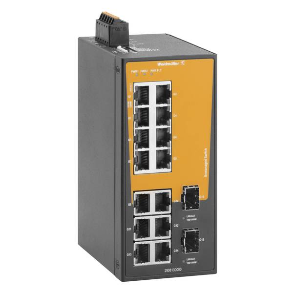 Industriële Ethernet-schakelaar met 14 RJ45-poorten in een zwart-oranje Weidmüller-behuizing, weergegeven op een witte achtergrond.