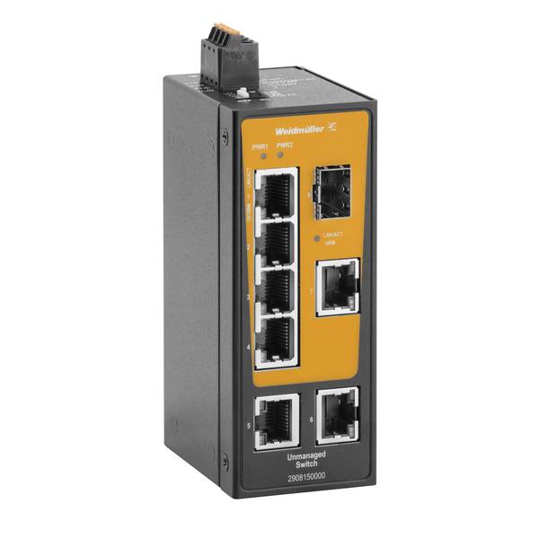 Industriële Weidmuller onbeheerde Ethernet-switch met zes RJ45-poorten, Power 1/Power 2-indicatoren en bovenste stroomaansluiting.