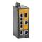 Industriële Weidmuller onbeheerde Ethernet-switch met zes RJ45-poorten, Power 1/Power 2-indicatoren en bovenste stroomaansluiting.