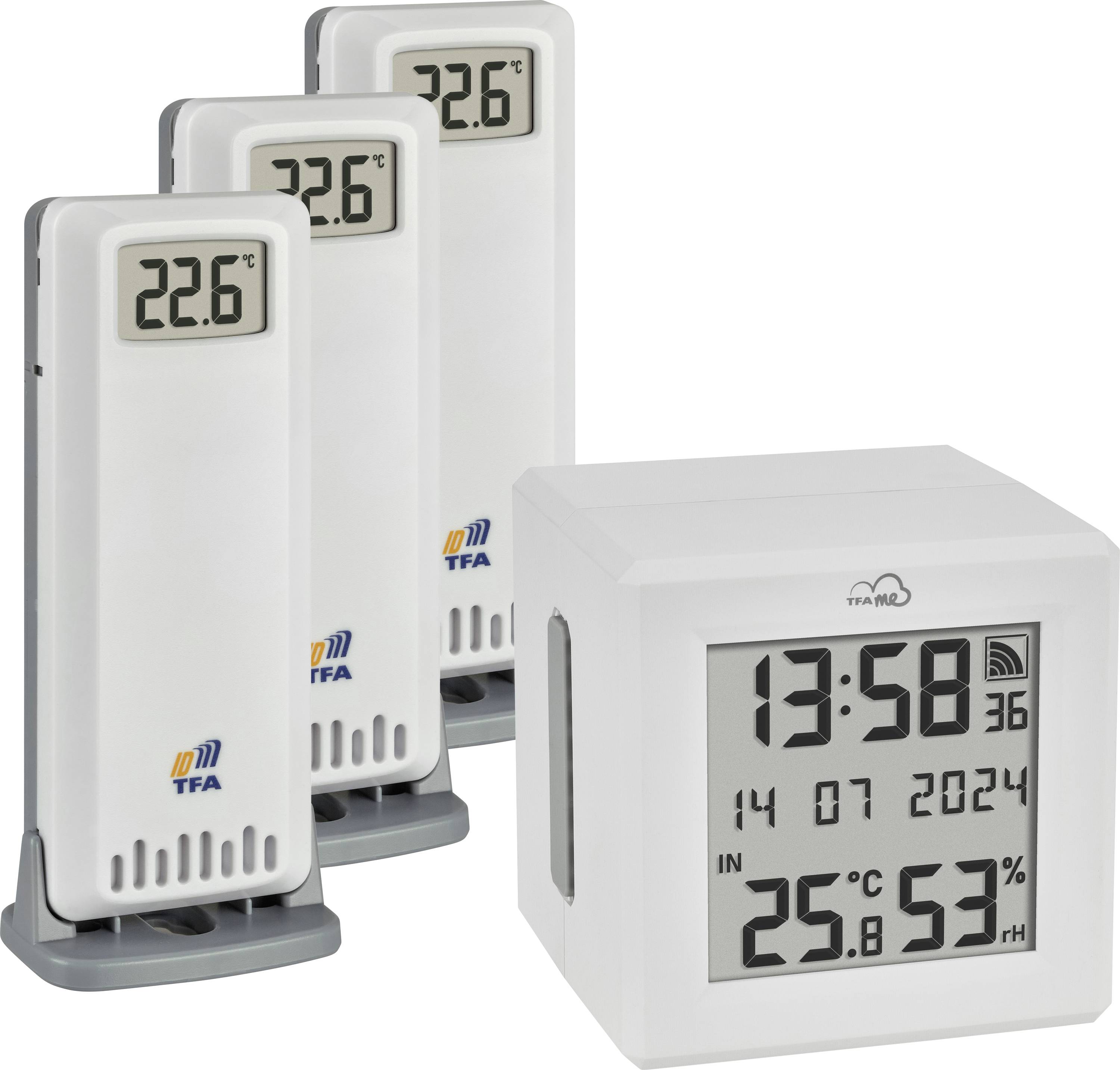 Draadloos weerstation set met drie temperatuursensoren en een basisdisplay met 13:58, 14 07 2024, 25,8°C en 53% luchtvochtigheid.