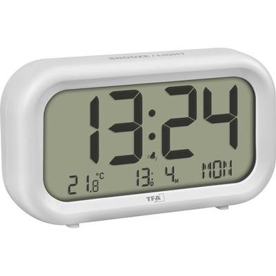 Wit digitaal wekkerradio met weergave van 13:24, 21,8°C en de datum 13.4 maa op het scherm.
