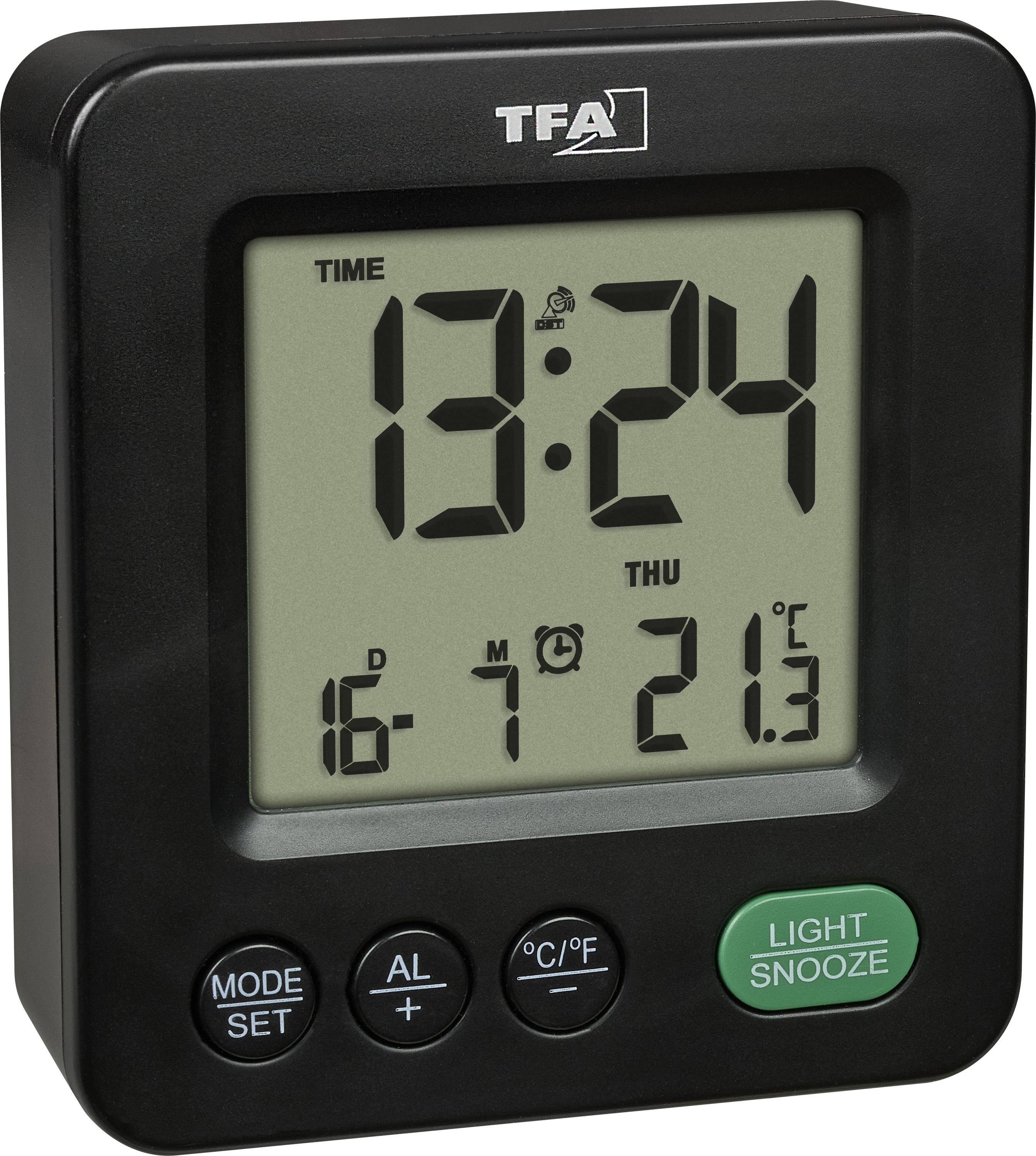 Zwart TFA digitaal wekker met weergave van 13:24, donderdag, datum 16-7 en temperatuur 21,3°C, met modus-, alarm-, °C/°F- en licht-/sluimerknoppen.