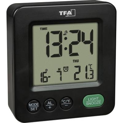 Zwart TFA digitaal wekker met weergave van 13:24, donderdag, datum 16-7 en temperatuur 21,3°C, met modus-, alarm-, °C/°F- en licht-/sluimerknoppen.