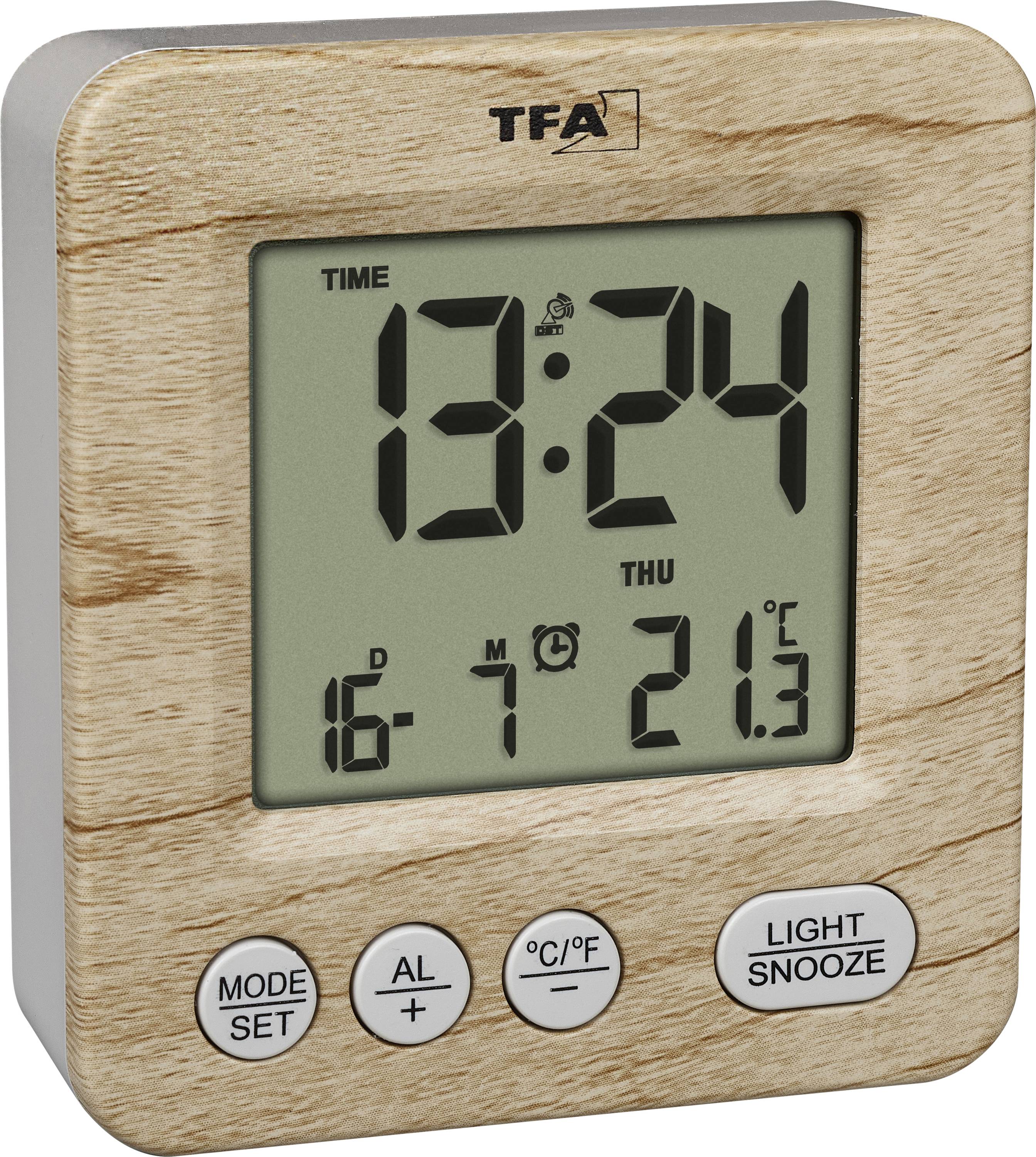 Houtnerf digitale wekker met display dat 13:24 toont, donderdag, datum 16-7 en 21.3°C, met Mode/Set, alarm, °C/°F en Light/Snooze knoppen.