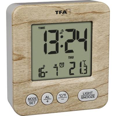 Houtnerf digitale wekker met display dat 13:24 toont, donderdag, datum 16-7 en 21.3°C, met Mode/Set, alarm, °C/°F en Light/Snooze knoppen.