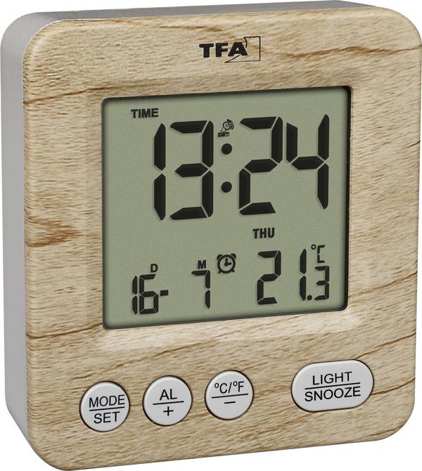 TFA Dostmann 60.2567.08 Wekker Zendergestuurd Hout, Bruin Alarmtijden 1