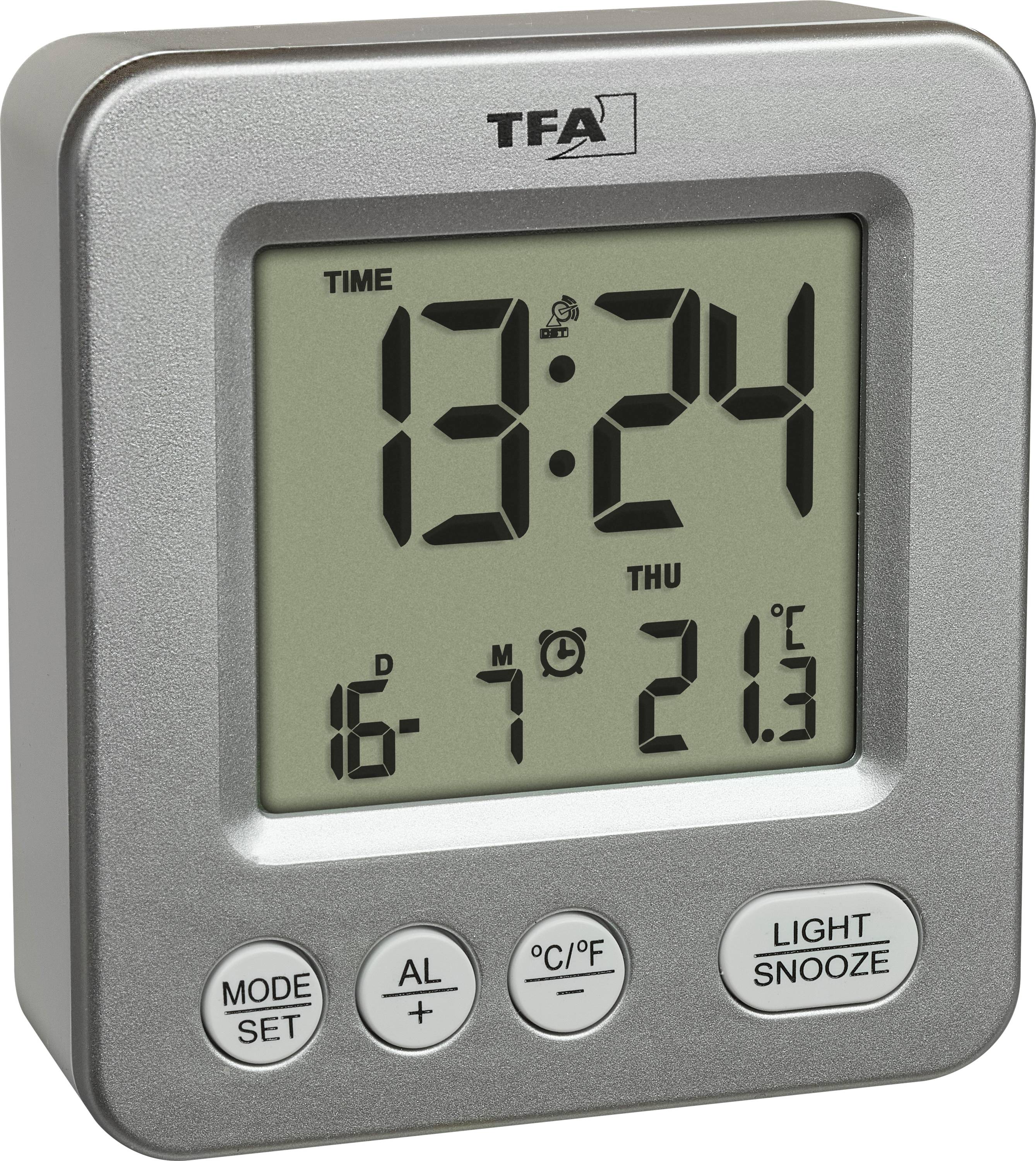 Zilveren digitale wekker met weergave 13:24, donderdag, datum 16-7 en temperatuur 21,3°C, met modus-, alarm- en licht-/snooze-knoppen.