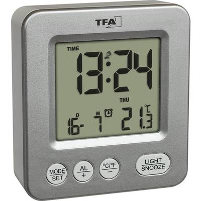 Zilveren digitale wekker met weergave 13:24, donderdag, datum 16-7 en temperatuur 21,3°C, met modus-, alarm- en licht-/snooze-knoppen.