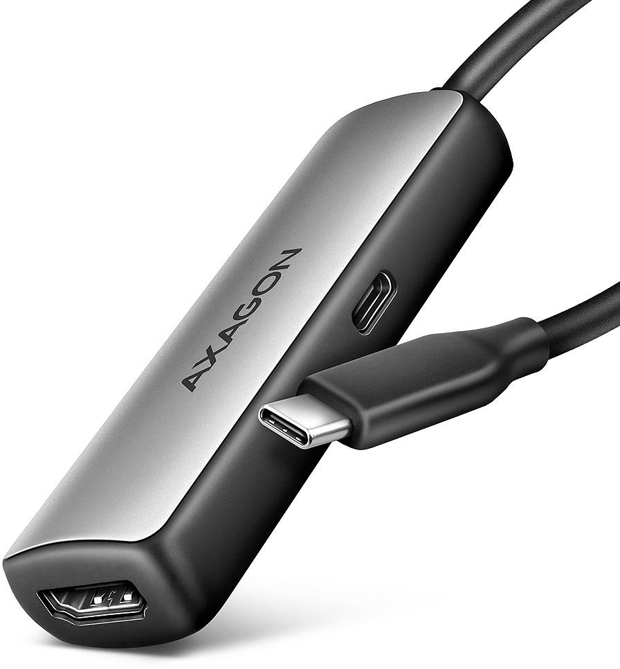 Axagon USB-C hub adapter met HDMI en USB-C poorten, weergegeven met aangesloten kabel op een witte achtergrond.