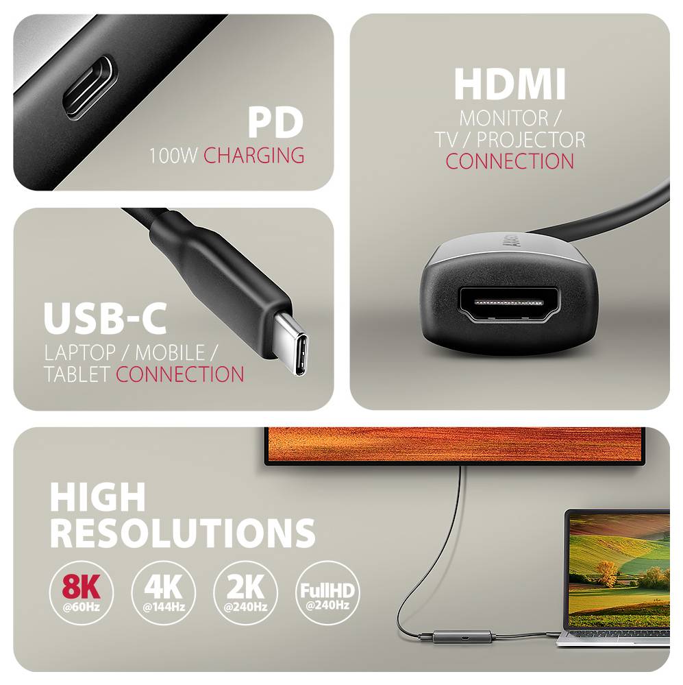 AXAGON USB-C Adapter [1x USB-C 3.0 stekker - 1x HDMI-bus, USB-C bus (Power Delivery)] RVC-HI8KPD 16 cm-1
