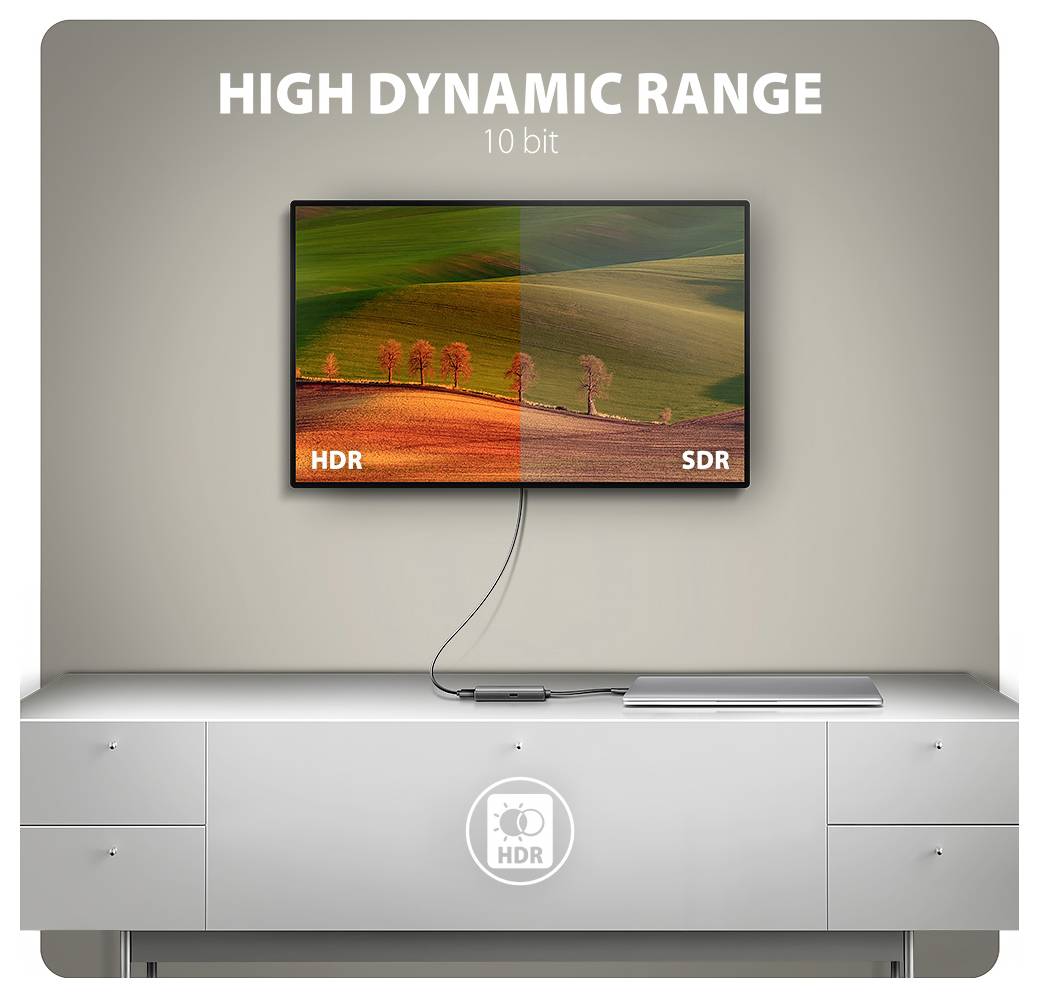 Vergelijkingsgrafiek van HDR en SDR op een aan de muur gemonteerde TV, getiteld 'HIGH DYNAMIC RANGE' met '10 bit' tekst, waarbij de rijkere kleur en contrast aan de HDR-zijde worden getoond.