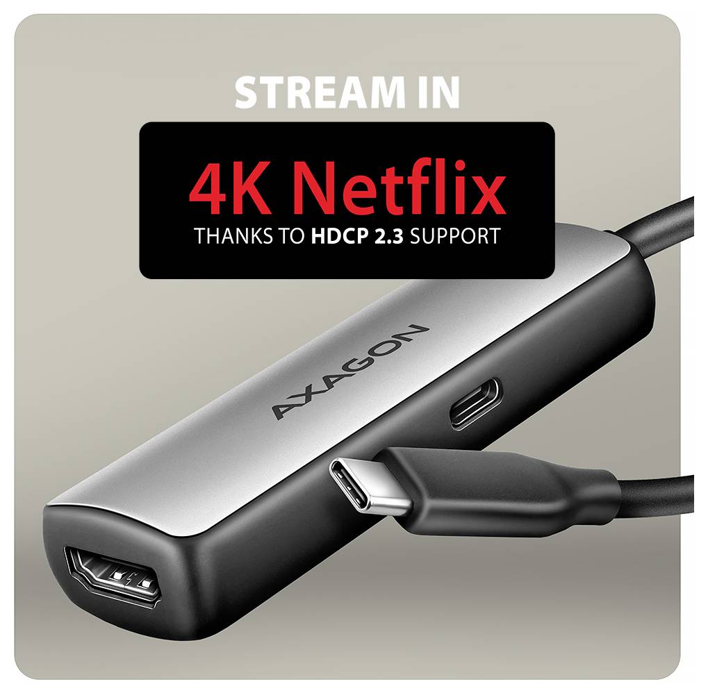 Promotieafbeelding van een Axagon USB-C adapter met het label 'STREAM IN 4K Netflix' en 'DANKZIJ HDCP 2.3-ONDERSTEUNING', met HDMI, USB-C en kabelverbindingen.