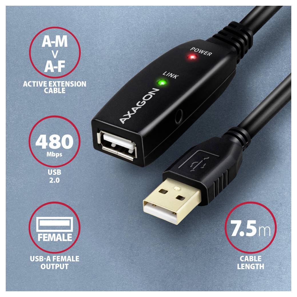 Productafbeelding van een Axagon actieve USB-verlengingskabel, USB-A male naar USB-A female, USB 2.0 480 Mbps, 7,5 m lengte, met stroomtoevoer- en verbindingsindicatoren.