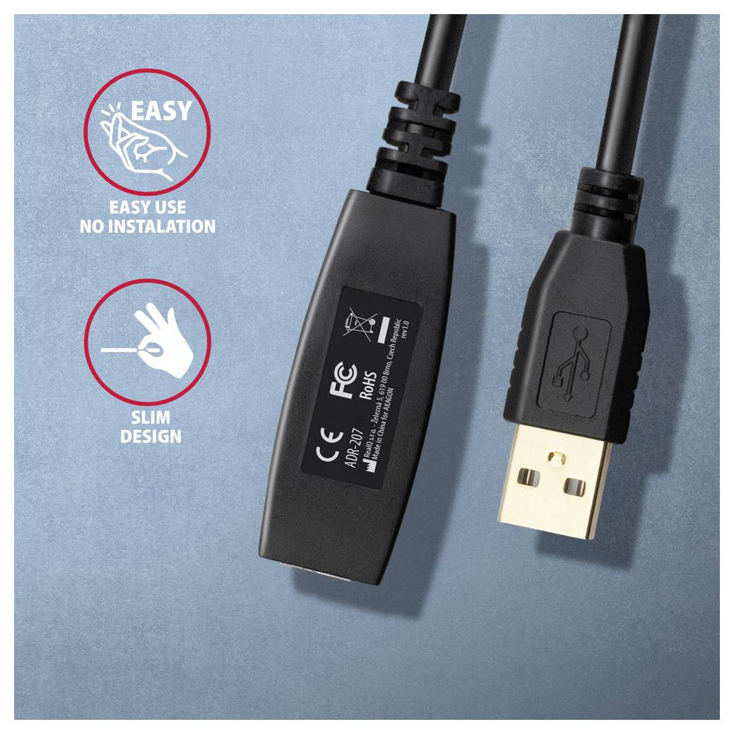 USB-kabel en adapterproductfoto met pictogrammen waarop "GEMAKKELIJK GEBRUIK GEEN INSTALLATIE" en "SLANK ONTWERP" op een blauwe achtergrond staat.