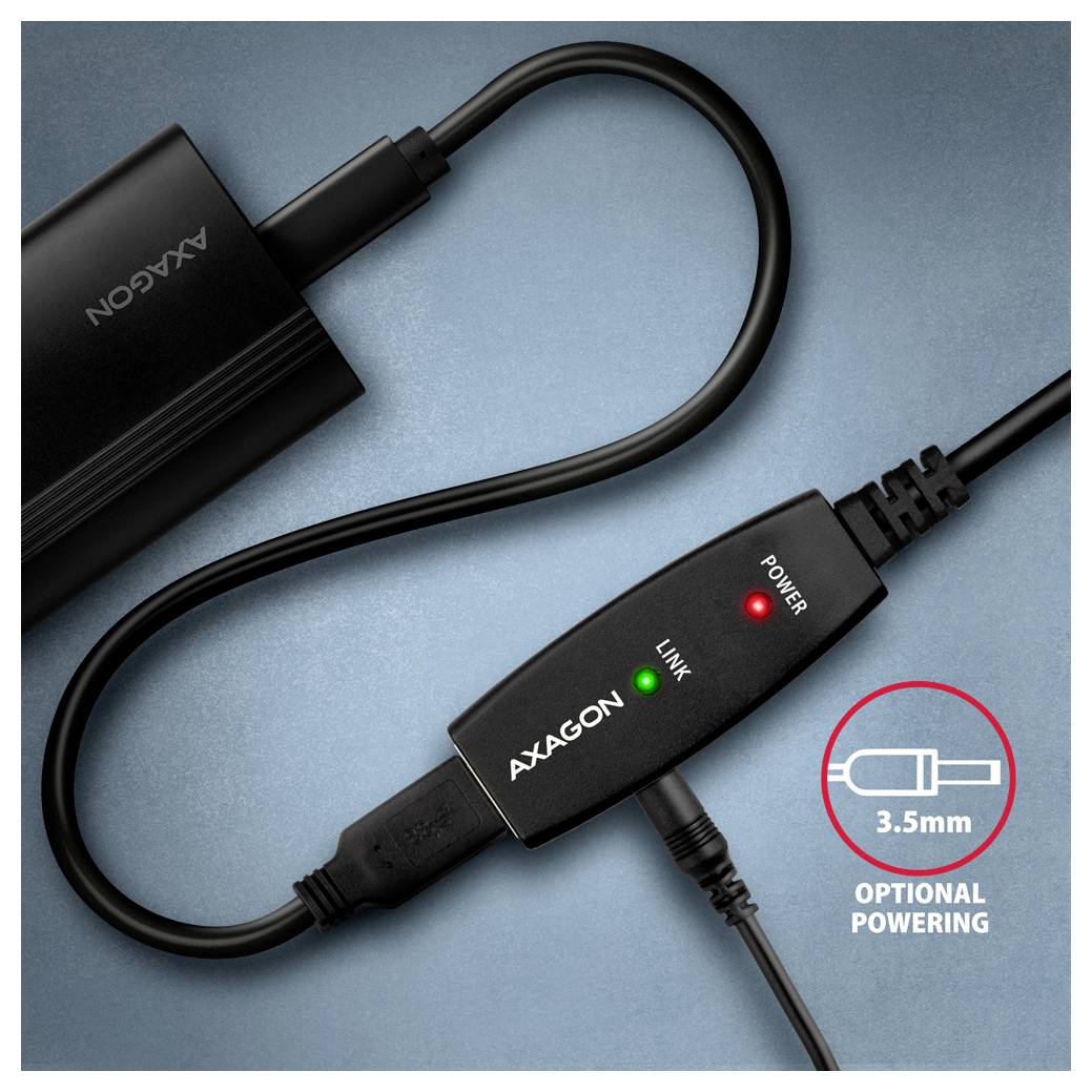 Zwarte AXAGON USB-adapterkabel met POWER en LINK indicatorlampjes, met optionele 3,5mm voedingsingang voor het aangesloten apparaat.