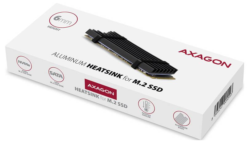 # AXAGON aluminium koellichaam voor M.2 SSD<br><br>Weergegeven is een productdoos voor een AXAGON aluminium koellichaam voor M.2 SSD, met daarop een slanke zwarte koelvin en labels voor 6 mm hoogte en SATA/M.2 compatibiliteit.