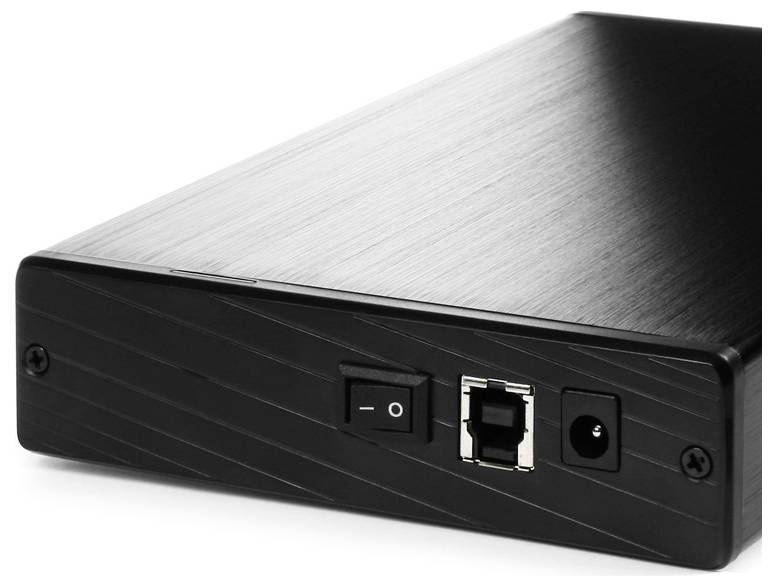 Zwart metalen externe apparaatbehuizing met aan-uitschakelaar, USB-B-poort en DC-voedingsstekker op het voorpaneel.