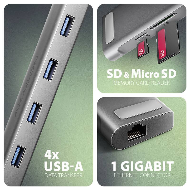 Promotionele grafische afbeelding van een hub met 4 USB-A poorten, SD- en microSD-kaartlezer, en 1 gigabit Ethernetaansluiting.