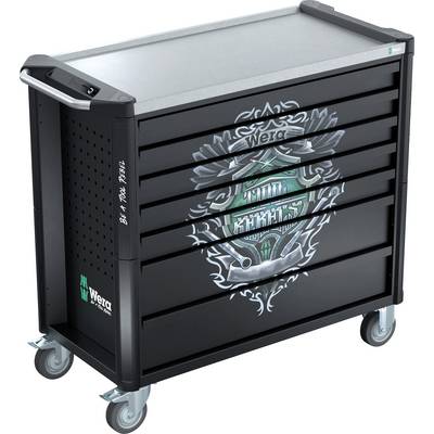 Zwart gereedschapswagen met wielen, meerdere laden, zijhandvat en 'Wera' grafiek aan de voorkant.