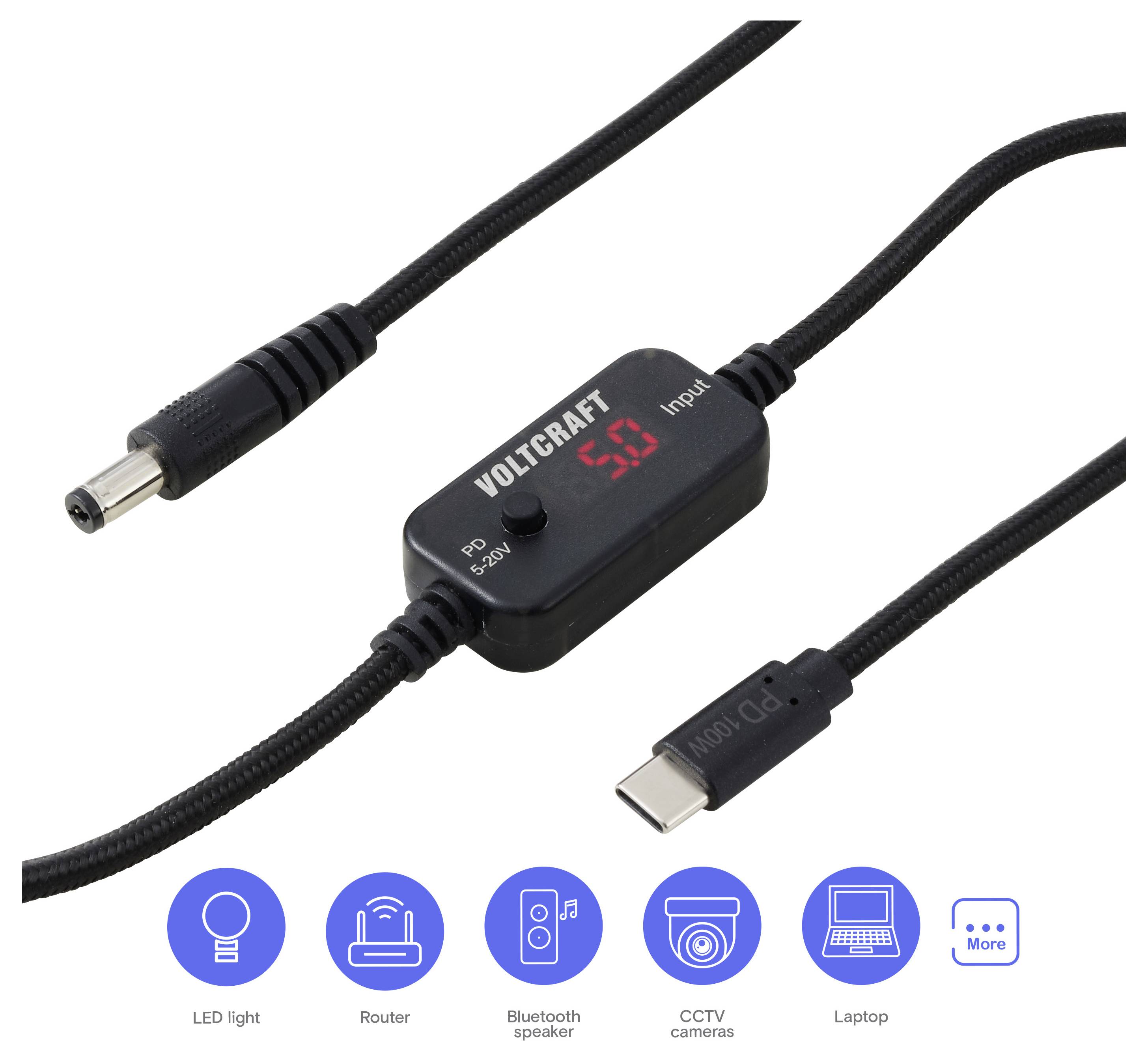 Zwarte VOLTCRAFT USB-stroommeter/kabel met rood digitaal display, weergegeven met USB-C-stekker en compatibiliteitspictogrammen voor LED-lamp, router, Bluetooth-luidspreker, CCTV-camera en laptop.