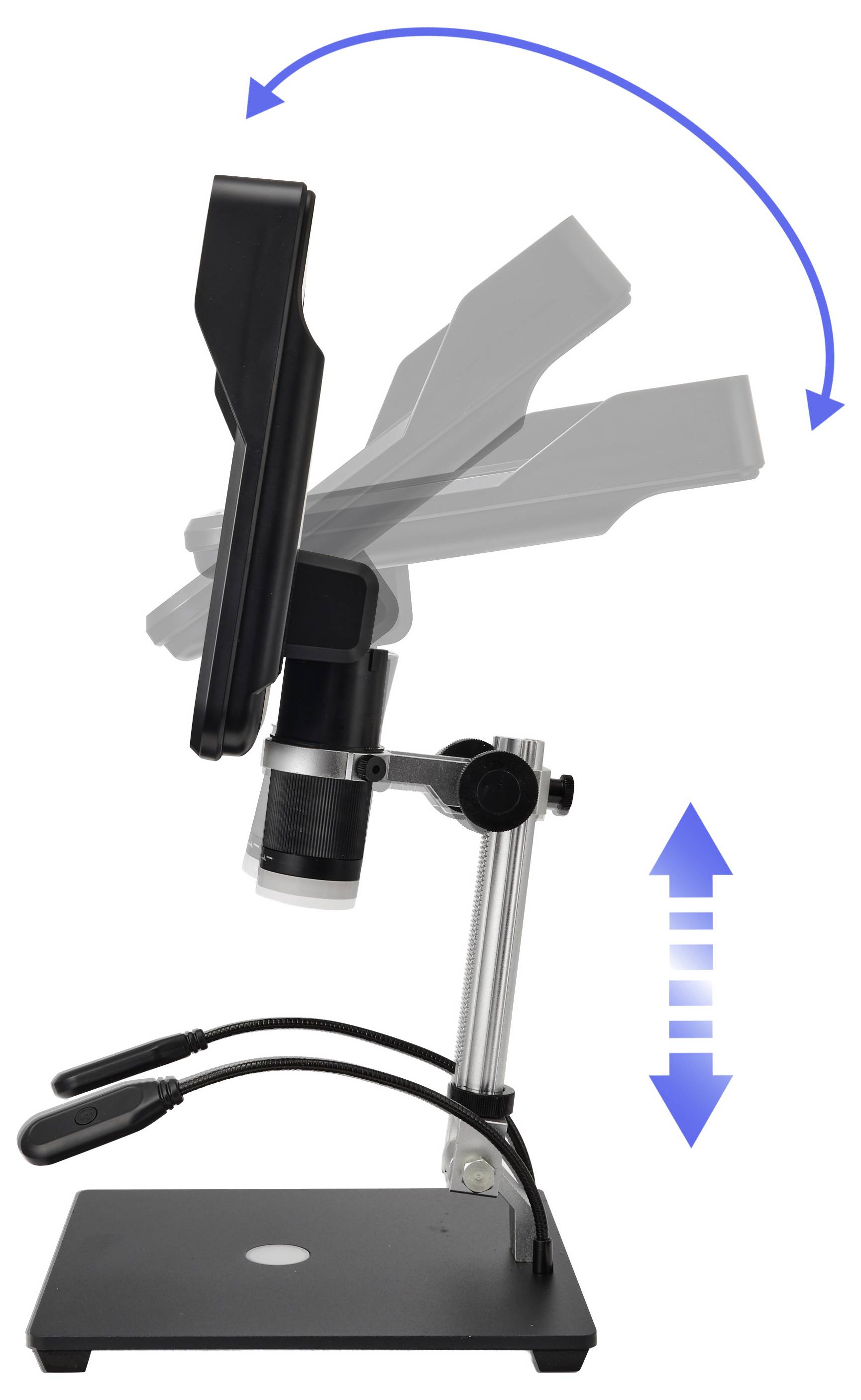 Illustratie van een microscoop statief met een telefoonhouder die roteert en omhoog en omlaag beweegt, aangegeven door blauwe pijlen.