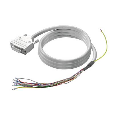 Grijze kabel met een DB-stijl connector aan één uiteinde en blootgestelde gekleurde draaduiteinden aan de andere kant, getoond opgerold op een witte achtergrond.