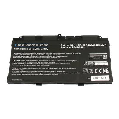 Zwarte laptop-accu met label 'ipc-computer' met specificaties 11,1V, 37,74Wh, vervanging voor FCPB479.