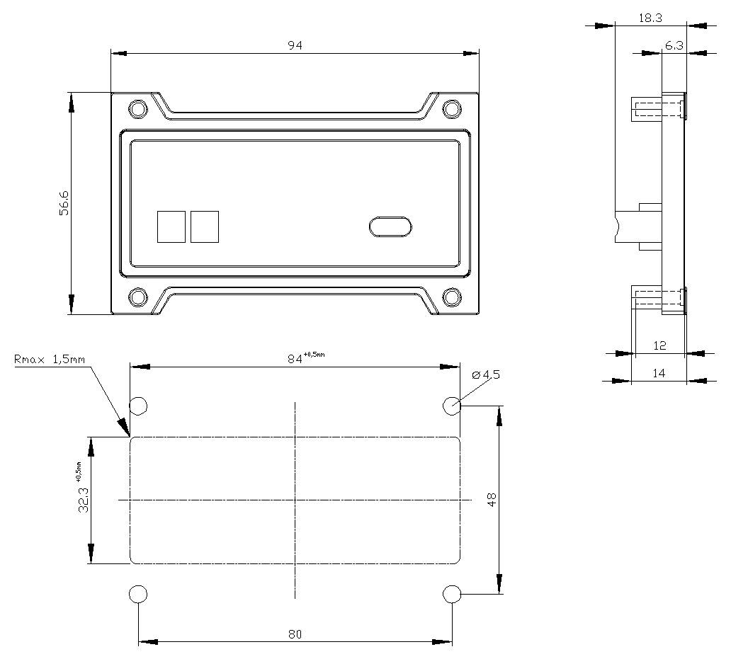 Technische dimensietekening van een rechthoekig paneel of behuizingsfrontzijde en zijkant, met montagegaten en geëtiketteerde afmetingen in millimeters.