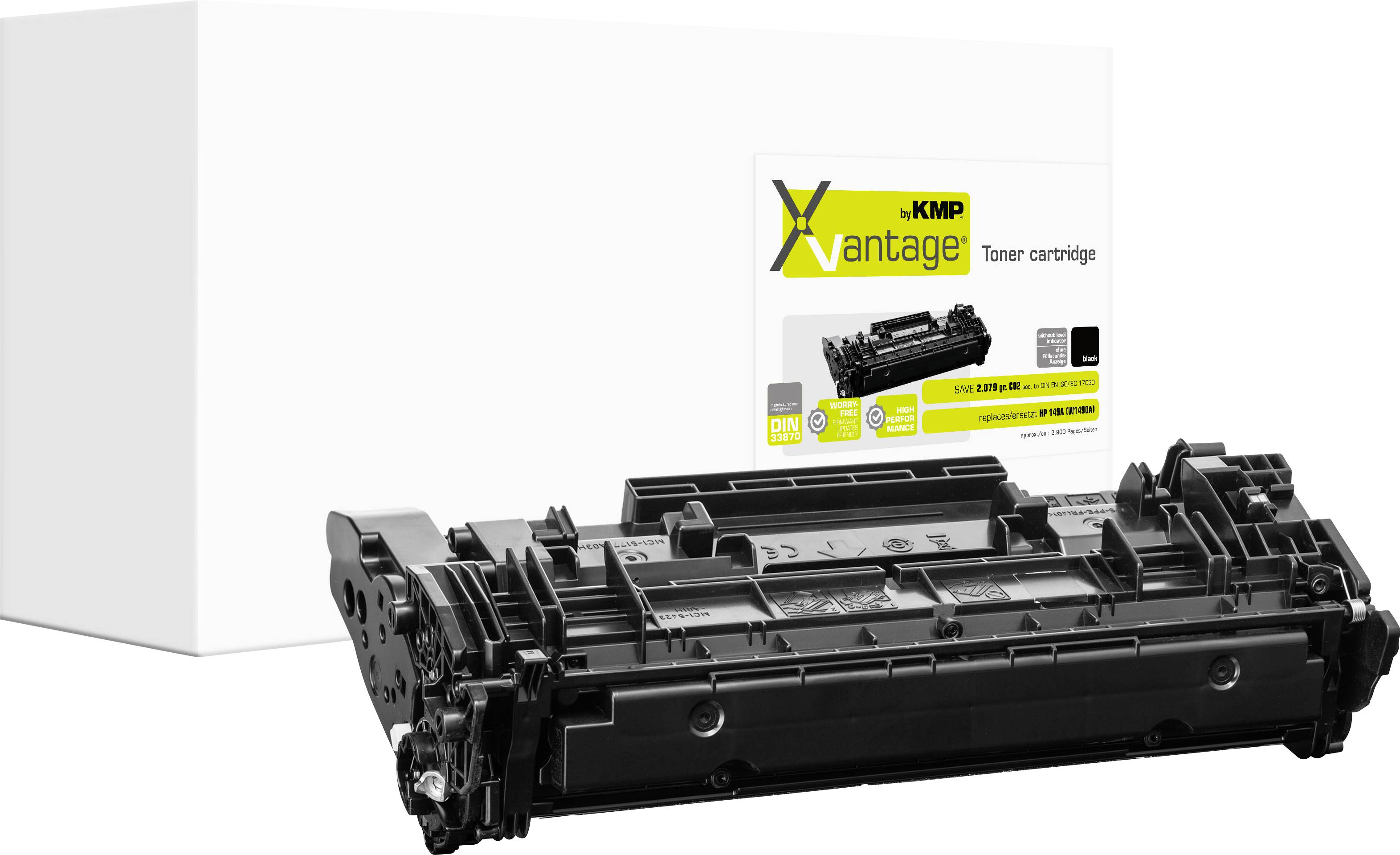 Zwarte tonercartridge voor een witte doos met het label 'XKMP Vantage' en 'Tonercartridge'.