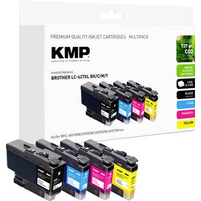 Pakket voor KMP premium inkjetcartridges voor Brother LC-427XL, met zwart, cyaan, magenta en geel multipack cartridges.