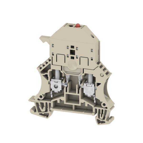 Doorsnede van een beige elektrische aansluitklem met interne metalen klemmen en een rode drukknop op de bovenkant.