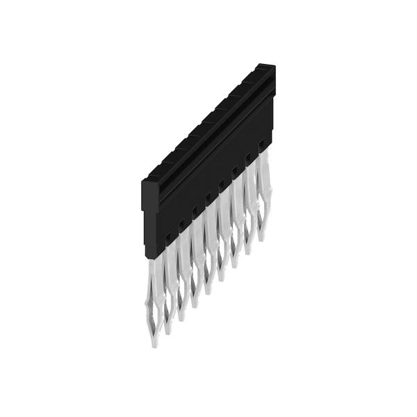 Zwarte elektronische pennenheaderconnector met meerdere metalen pennen op een witte achtergrond.