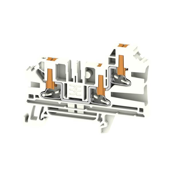 Dwarsdoorsnedetekening van een mechanische koppeling of klem met drie oranje actuators en in elkaar grijpende grijze onderdelen op een witte achtergrond.