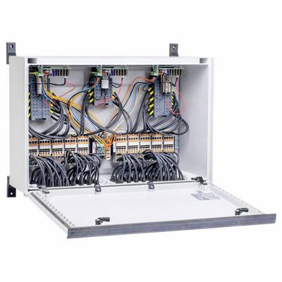Open elektrisch bedieningskast met bedrading, klemmenblokken en modules gemonteerd aan de binnenkant, weergegeven met de voordeur open.