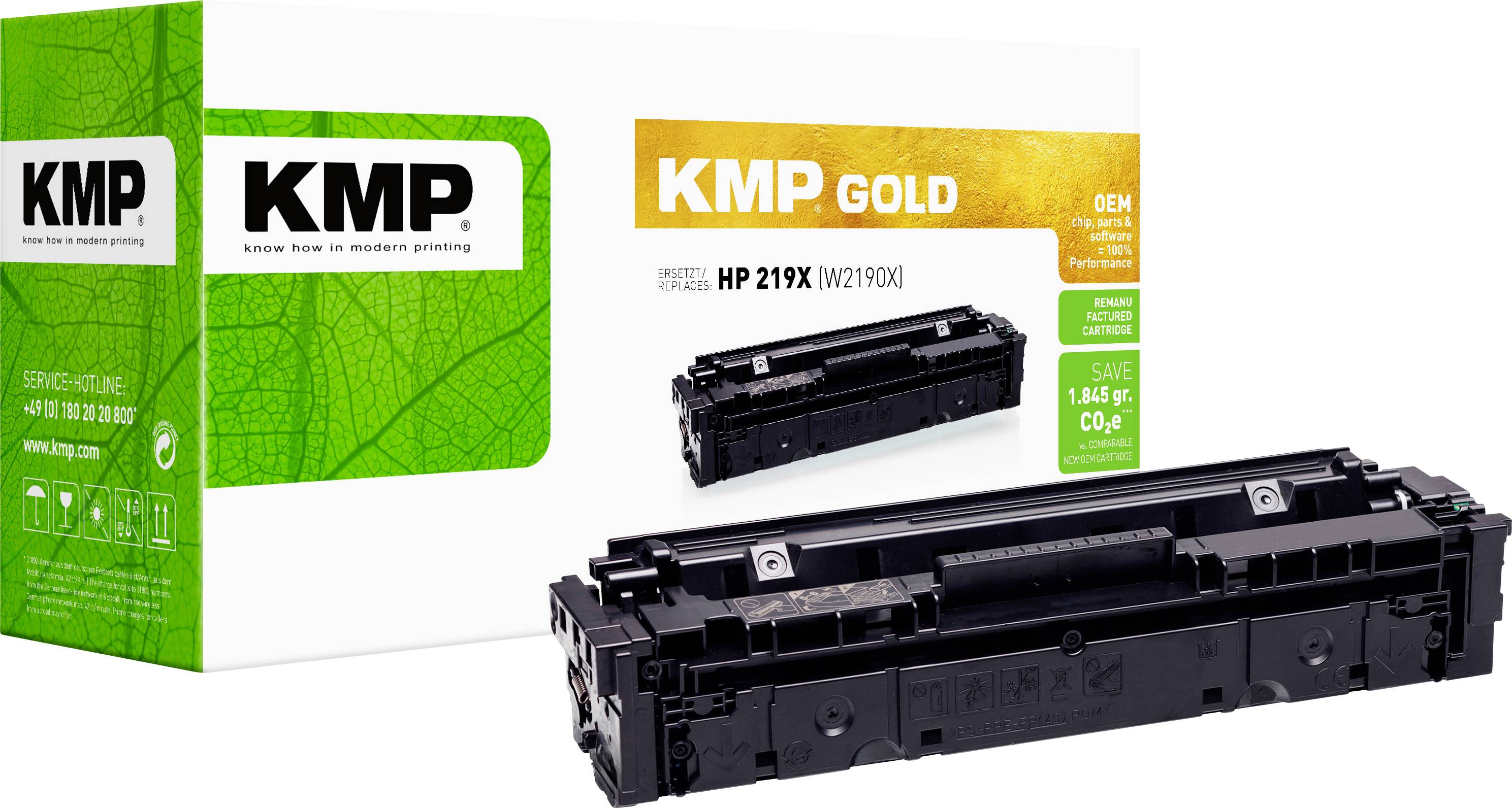 KMP Gold printertonercartridge en box voor HP 219X, weergegeven in groen en goud verpakking met een zwarte tonercartridge aan de voorkant.