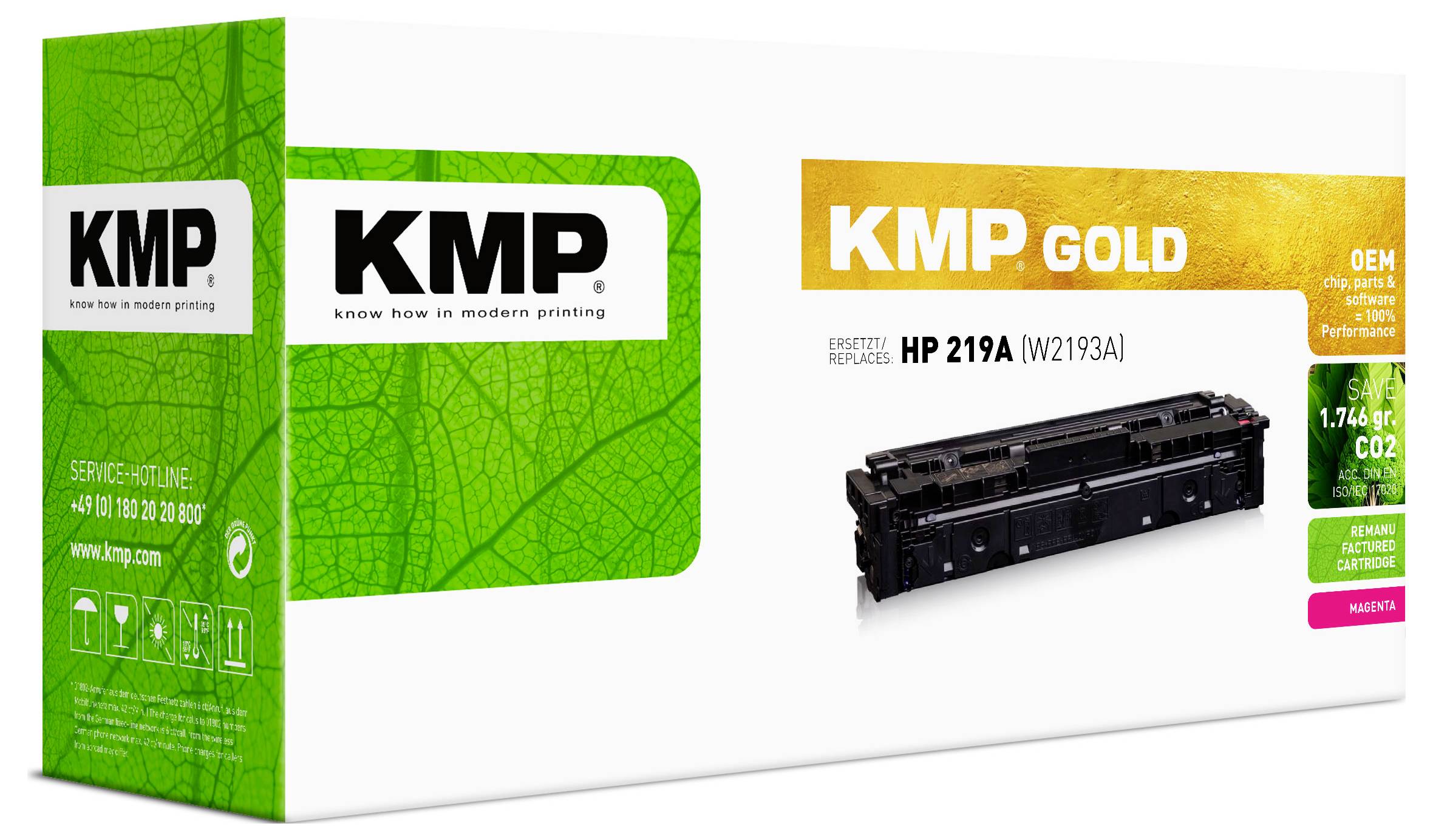 KMP tonercartridge-verpakking: groene KMP-doos links en KMP Gold HP 219A (W2193A) zwarte cartridgeverpakking rechts.