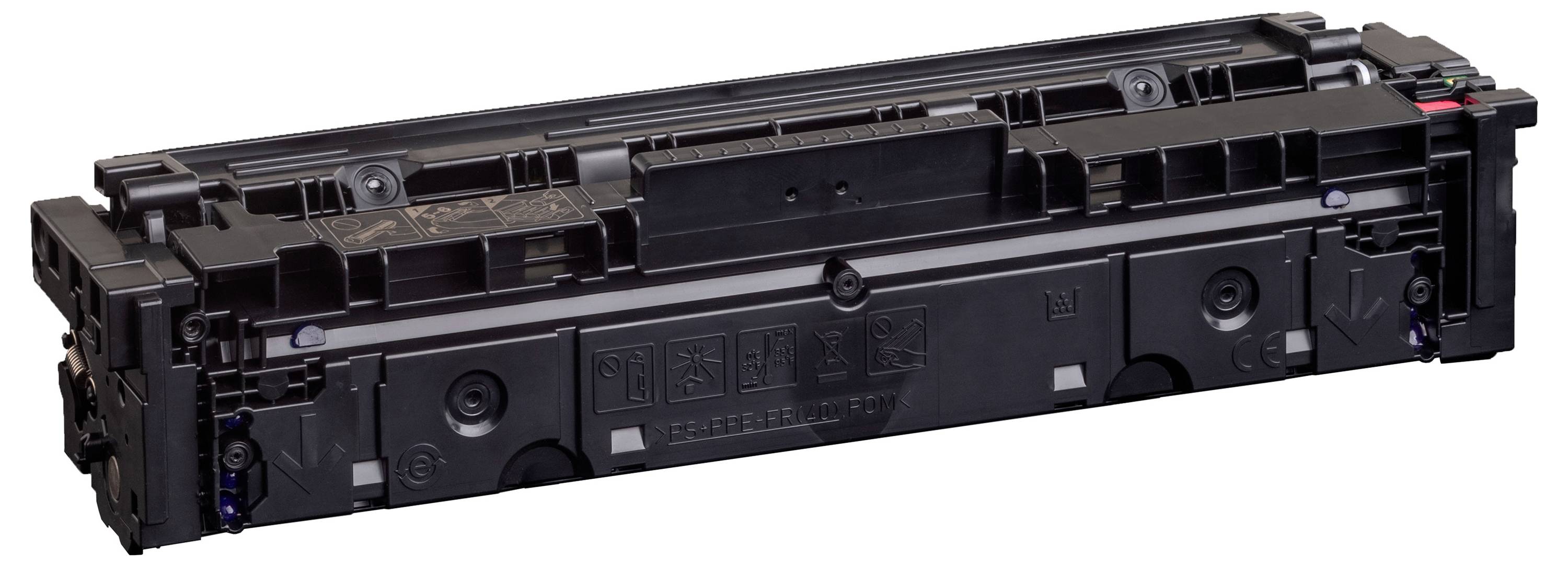 Zwarte printertoner cartridge weergegeven in zijaanzicht op een witte achtergrond.