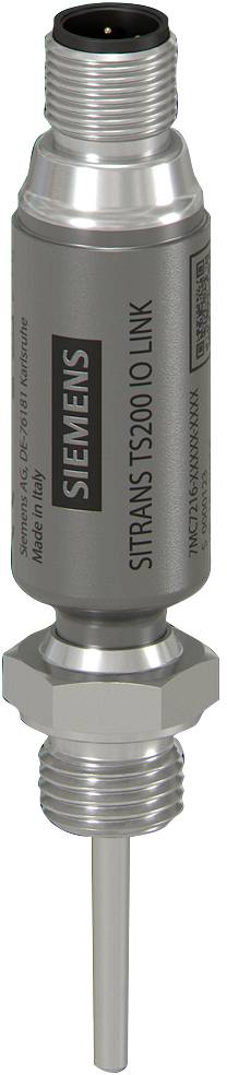 Een Siemens SITRANS T200 LINK cilindrische metalen temperatuurzender met schroefdraadeinden en een lange meetvoeler.