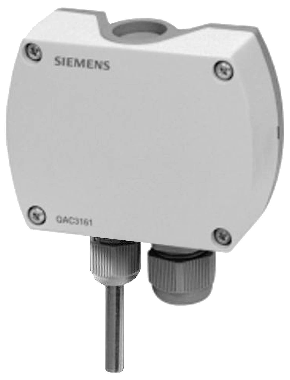 Siemens industriële sensor met een probe en kabelwartel, weergegeven in een productstijlfoto tegen een witte achtergrond.