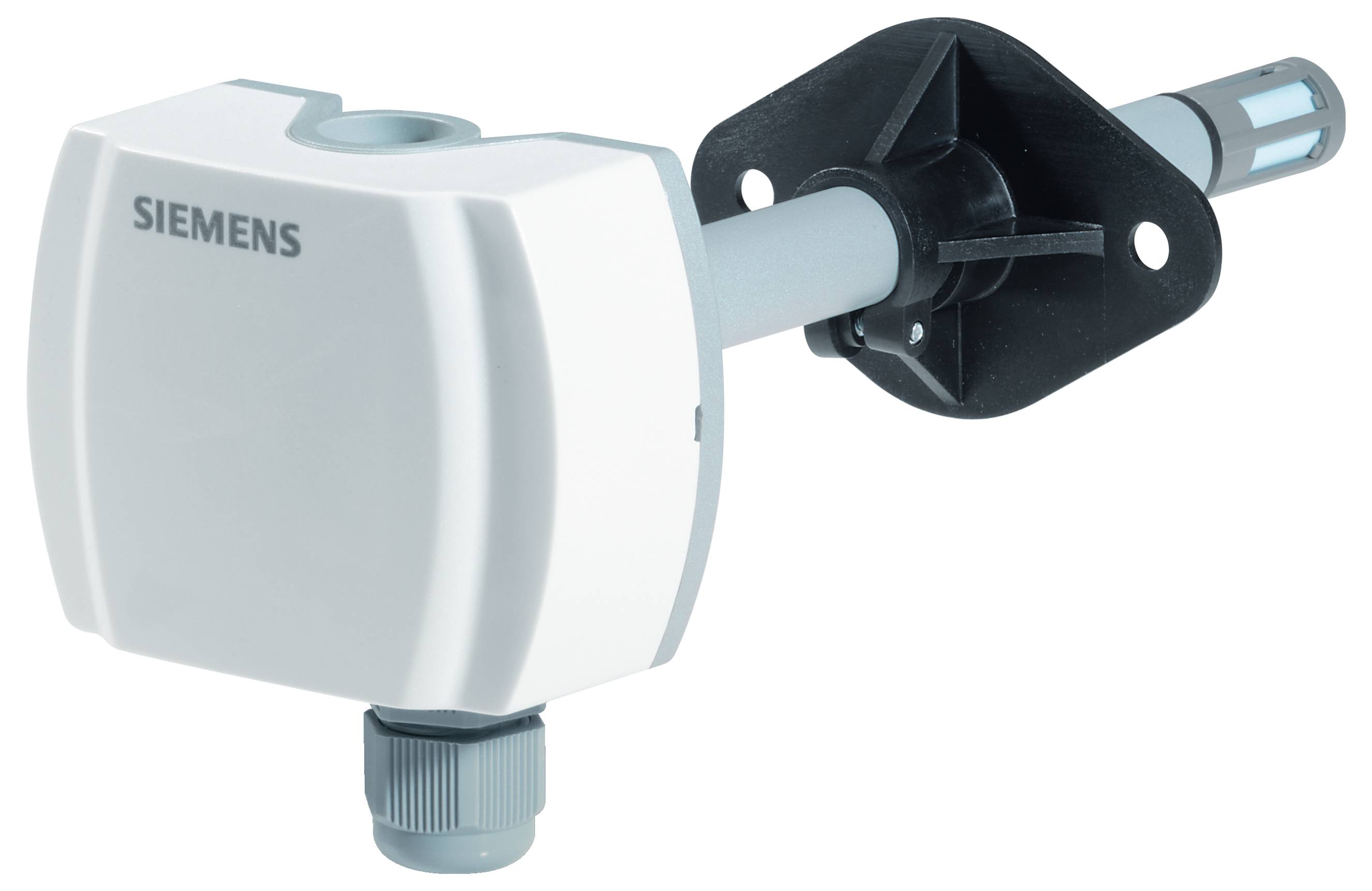 Siemens witte industriële sensor met zwart bevestigingsbeugel en cilindrische probe.