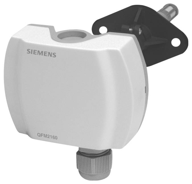 Witte Siemens QFM2160 sensor met montagebeugel en kabelconnector.