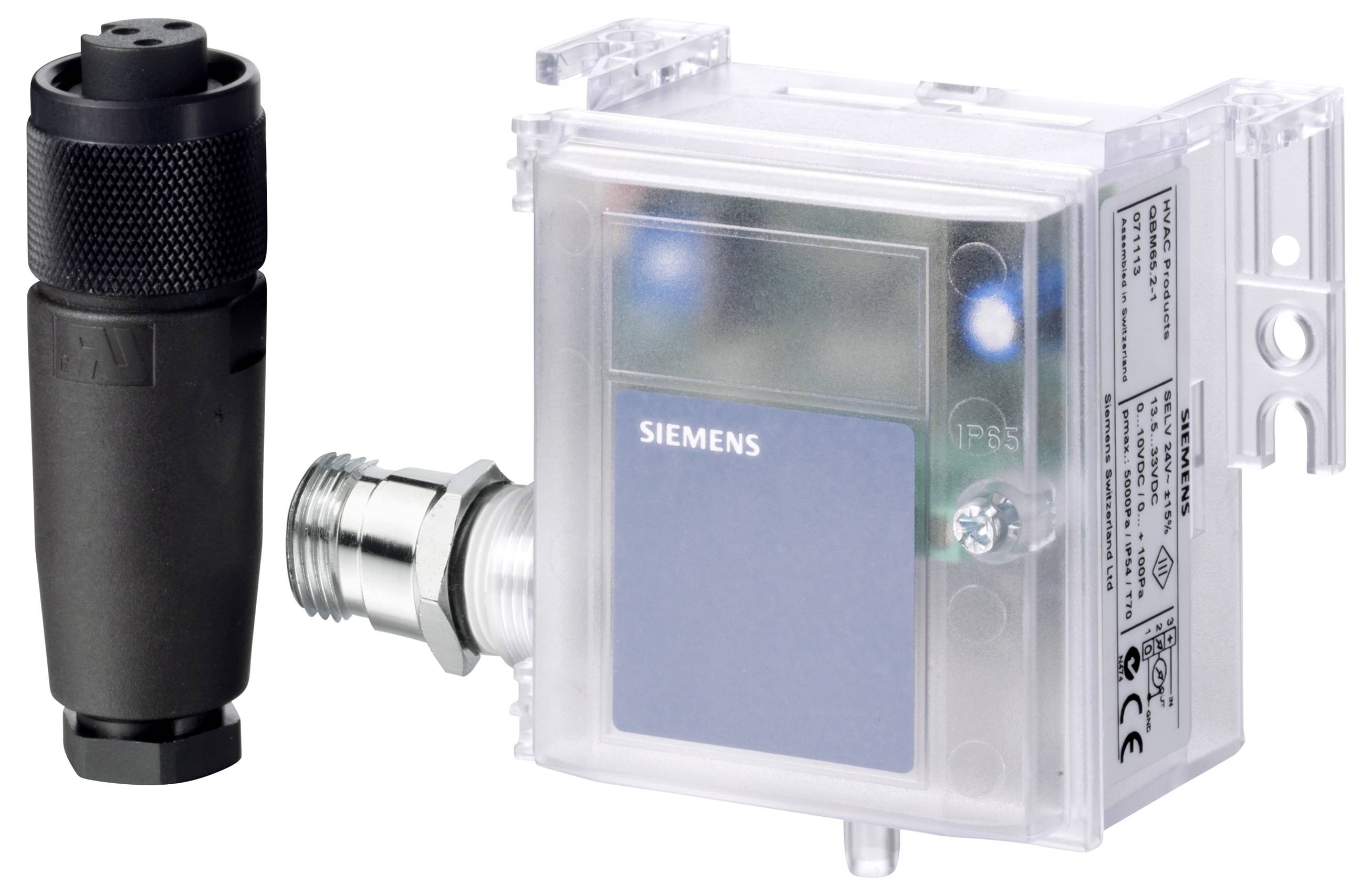 Industriële Siemens elektronische module met transparante behuizing, verbonden via een metalen bevestiging met een zwarte cilindrische connector of sensorcomponent.