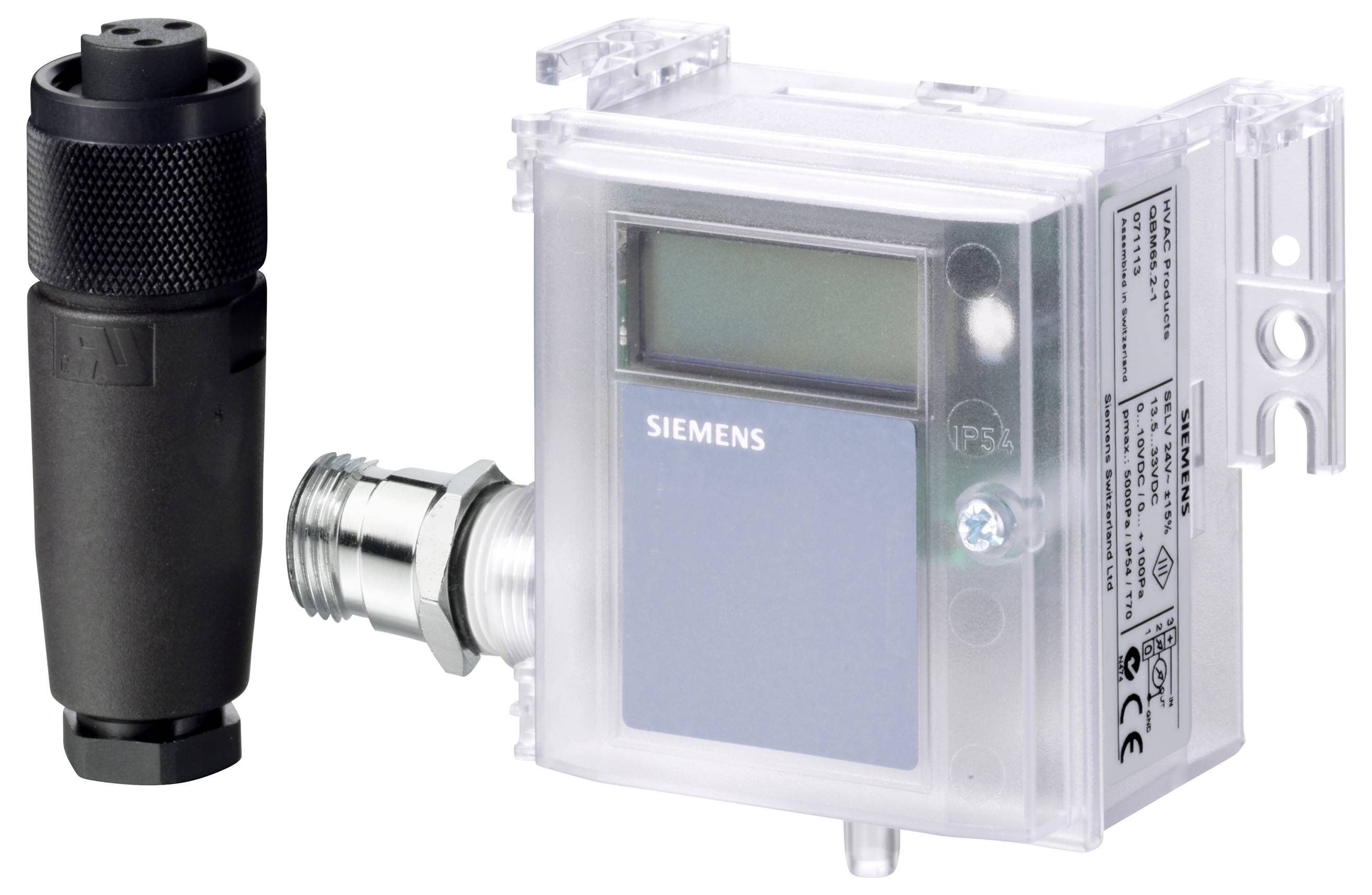 Zwarte cilindrische connector naast een doorzichtige Siemens digitale metermodule met LCD-display en metalen bevestiging.