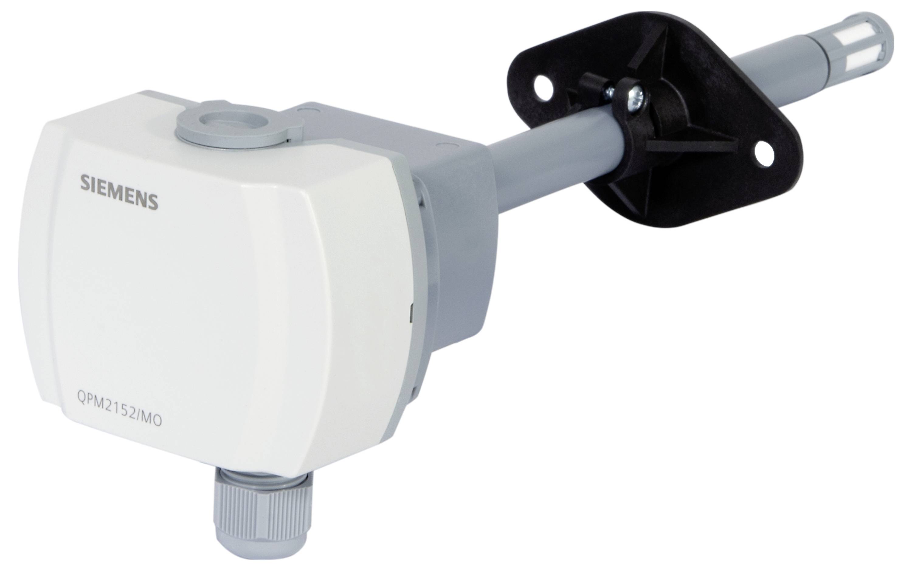 Siemens QPM2152/MO kanaal-gemonteerde sensor met probe en bevestigingsbeugel voor HVAC-luchtkwaliteitbewaking.